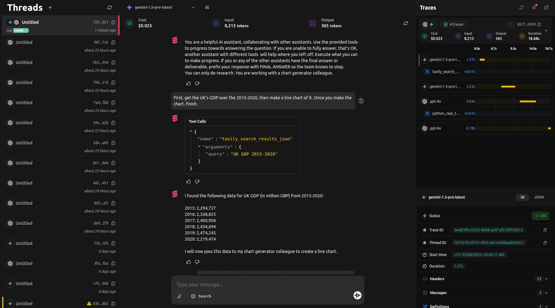 Thread overview of multi agent workflow